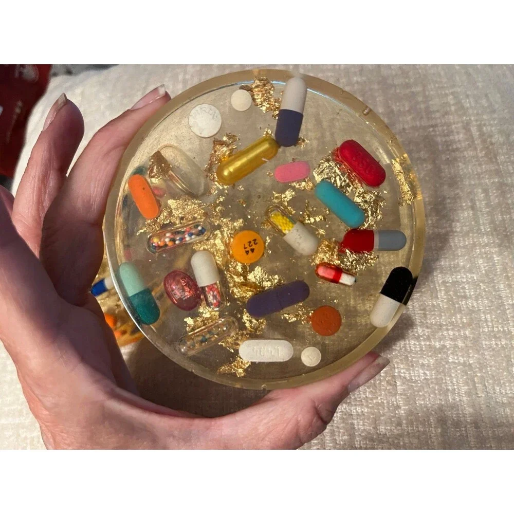 Vintage Clear Lucite Fun Pill & Gold leaf Drinks Coasters Great Gift Barware
